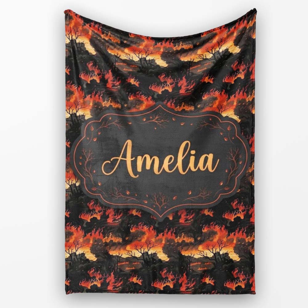 Dark Burning Forest Scene with Dramatic Fire Glow Seamless Pattern  Personalised Custom Name Super Soft Fleece Blanket Bed Sofa Throw
