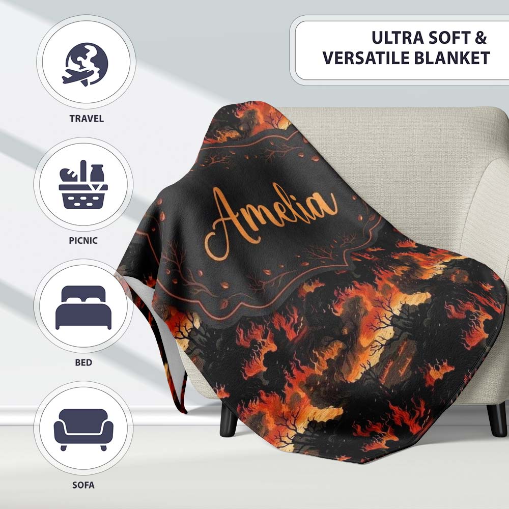 Dark Burning Forest Scene with Dramatic Fire Glow Seamless Pattern  Personalised Custom Name Super Soft Fleece Blanket Bed Sofa Throw