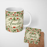 Personalized Custom Name Blooming Red Flower Cactus Garden Botanical Seamless Pattern Name 11oz Ceramic Coffee Tea Mug White Large Handle