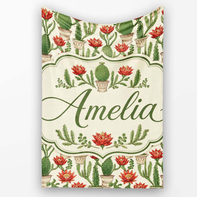 Blooming Red Flower Cactus Garden Botanical Seamless Pattern Name  Personalised Custom Name Super Soft Fleece Blanket Bed Sofa Throw
