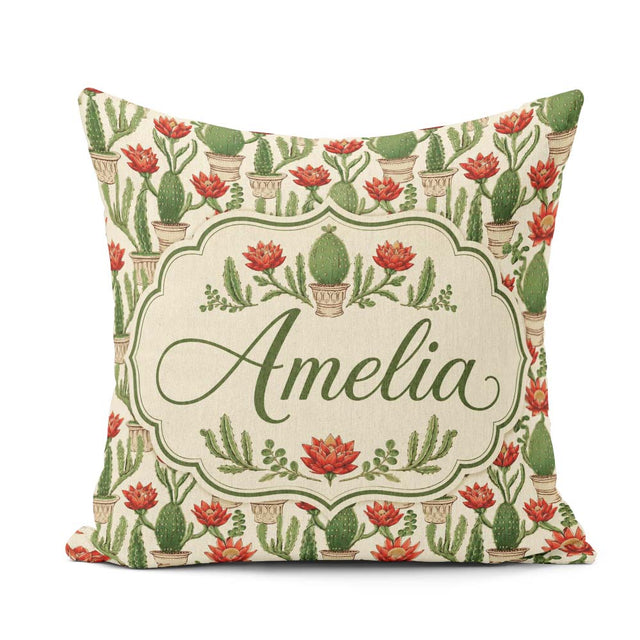 Custom Name Blooming Red Flower Cactus Garden Botanical Seamless Square Filled Cushion Throw Pillow Sofa Bed Home Decor Zip Washable UK Made
