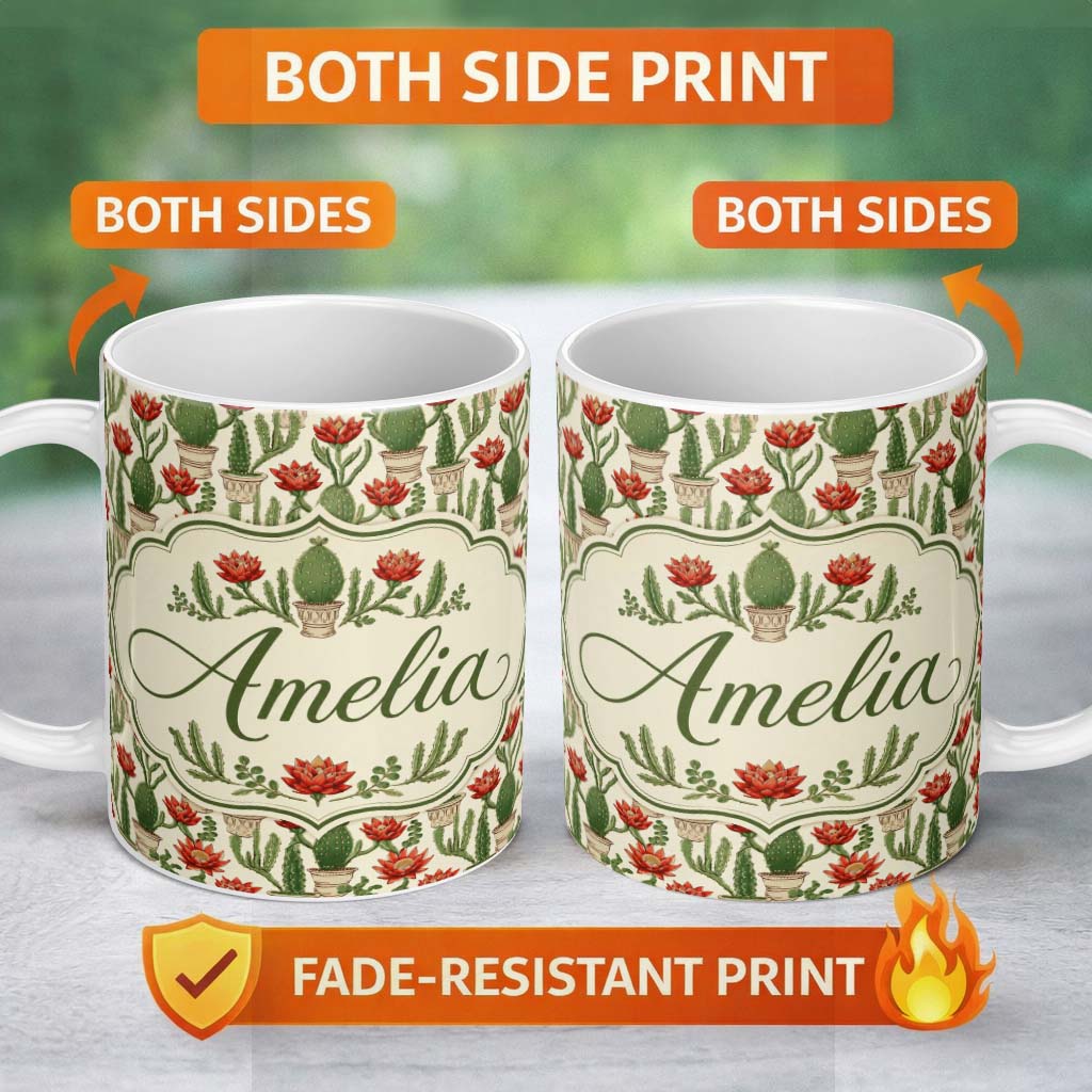 Personalized Custom Name Blooming Red Flower Cactus Garden Botanical Seamless Pattern Name 11oz Ceramic Coffee Tea Mug White Large Handle