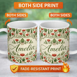 Personalized Custom Name Blooming Red Flower Cactus Garden Botanical Seamless Pattern Name 11oz Ceramic Coffee Tea Mug White Large Handle