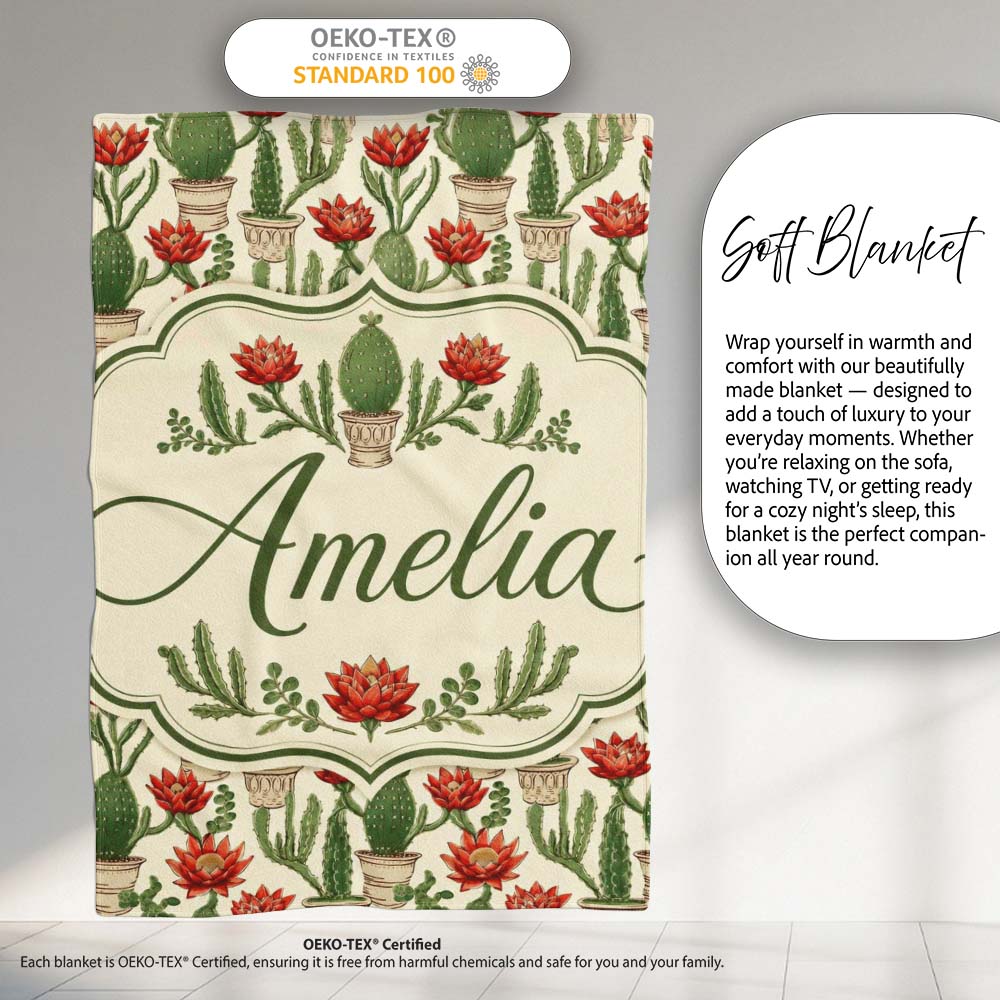 Blooming Red Flower Cactus Garden Botanical Seamless Pattern Name  Personalised Custom Name Super Soft Fleece Blanket Bed Sofa Throw