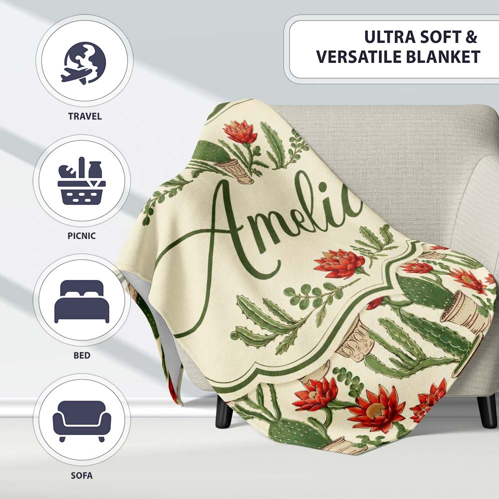 Blooming Red Flower Cactus Garden Botanical Seamless Pattern Name  Personalised Custom Name Super Soft Fleece Blanket Bed Sofa Throw