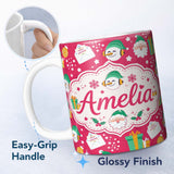 Personalized Custom Name Cute Santa Snowman Christmas Letter Gift Seamless Pattern Lovely 11oz Ceramic Coffee Tea Mug White Large Handle