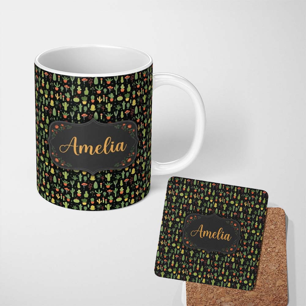 Personalized Custom Name Cute Cartoon Cactus Collection on Dark Background Seamless Pattern 11oz Ceramic Coffee Tea Mug White Large Handle