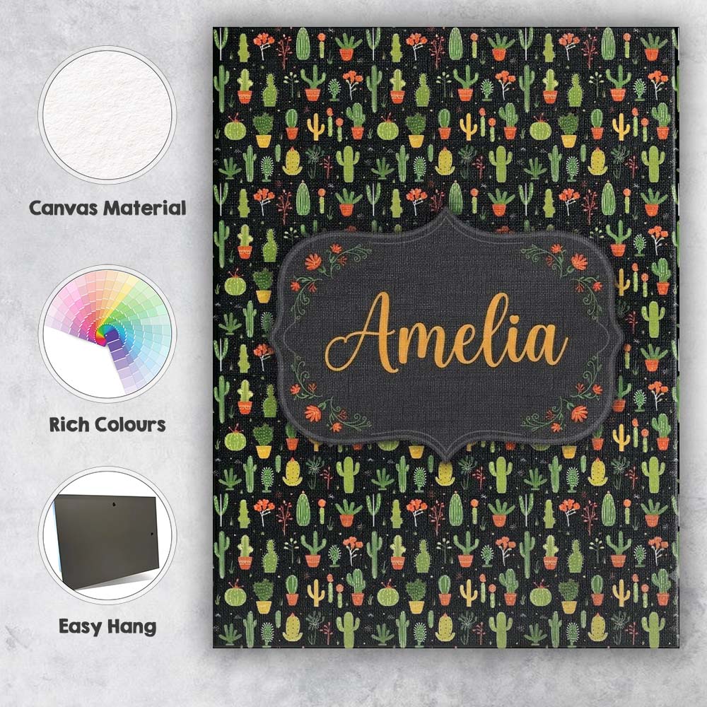 Personalised Name Cute Cartoon Cactus Custom Modern Room Accent Creative Decorator Style Canvas Wall Art Print Decor Picture Ready to Hang