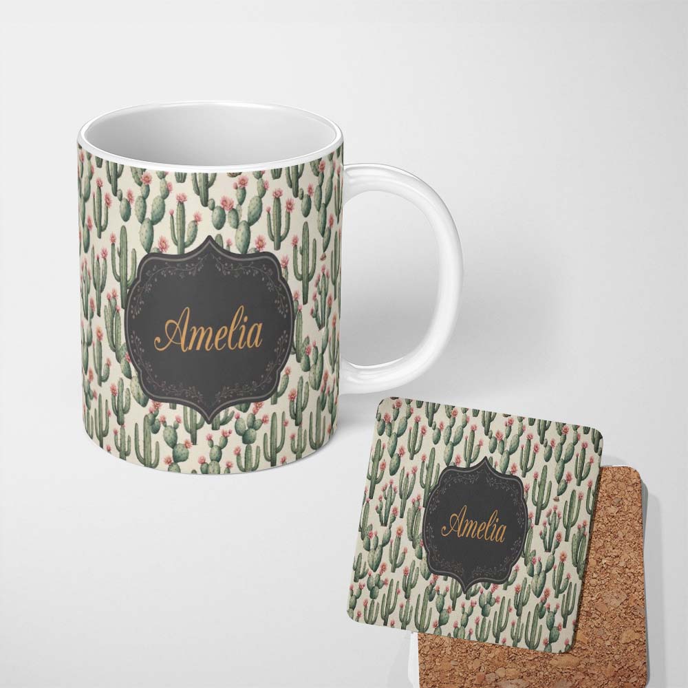 Personalized Custom Name Vintage Style Cactus and Pink Flower Botanical Seamless Pattern 11oz Ceramic Coffee Tea Mug White Large Handle