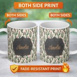 Personalized Custom Name Vintage Style Cactus and Pink Flower Botanical Seamless Pattern 11oz Ceramic Coffee Tea Mug White Large Handle