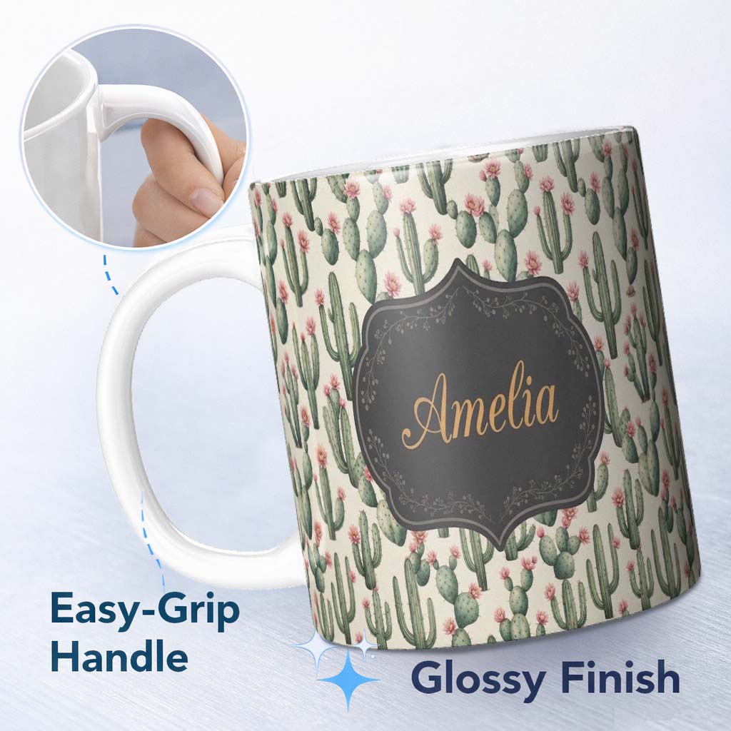 Personalized Custom Name Vintage Style Cactus and Pink Flower Botanical Seamless Pattern 11oz Ceramic Coffee Tea Mug White Large Handle