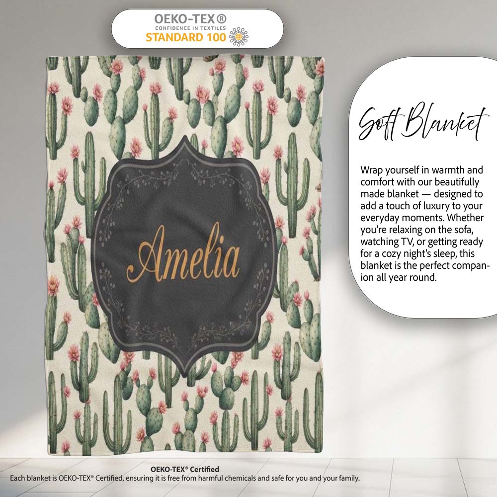 Vintage Style Cactus and Pink Flower Botanical Seamless Pattern  Personalised Custom Name Super Soft Fleece Blanket Bed Sofa Throw