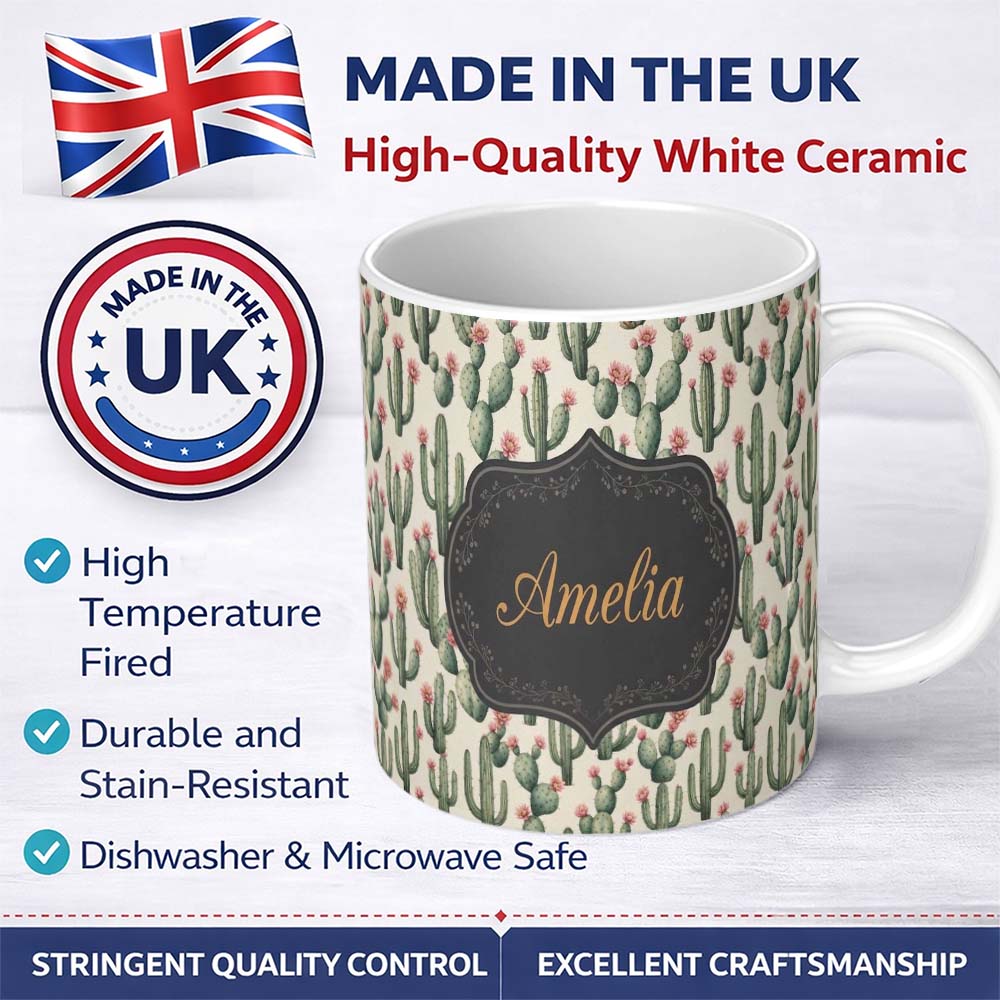 Personalized Custom Name Vintage Style Cactus and Pink Flower Botanical Seamless Pattern 11oz Ceramic Coffee Tea Mug White Large Handle