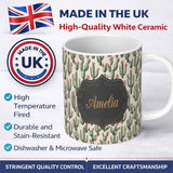 Personalized Custom Name Vintage Style Cactus and Pink Flower Botanical Seamless Pattern 11oz Ceramic Coffee Tea Mug White Large Handle