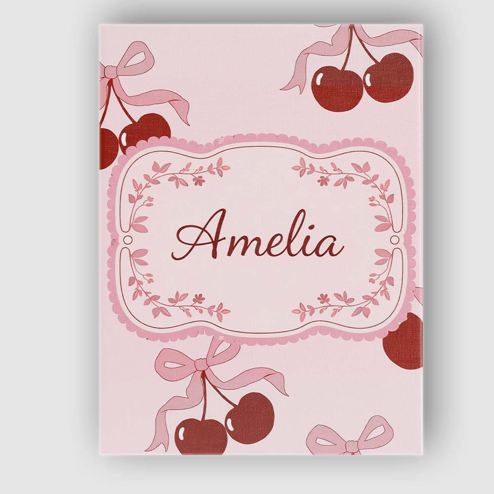 Personalised Name Cherry Bow Ribbon Cute Minimal Soft Blush Background Custom Decorative Canvas Wall Art Print Decor Picture Ready to Hang