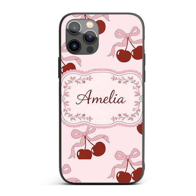 Cherry Bow Ribbon Cute Minimal Printed Design Custom Name Protective Phone Case Mobile Cover Durable Everyday Smartphone Shock Resistant