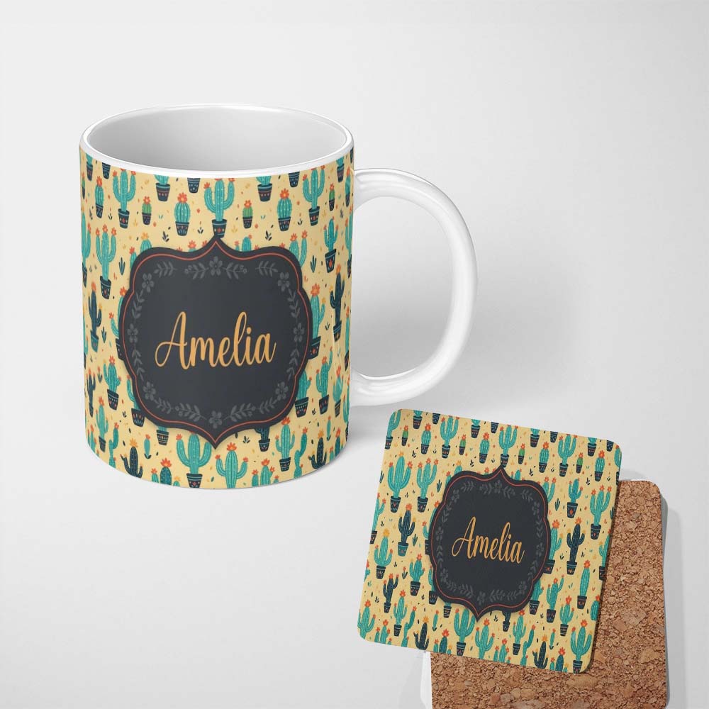 Personalized Custom Name Stylised Green Cactus Plants with Orange Flowers Seamless Pattern 11oz Ceramic Coffee Tea Mug White Large Handle