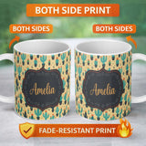 Personalized Custom Name Stylised Green Cactus Plants with Orange Flowers Seamless Pattern 11oz Ceramic Coffee Tea Mug White Large Handle
