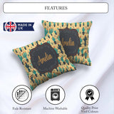 Custom Name Stylised Green Cactus Plants Orange Flowers Seamless Square Filled Cushion Throw Pillow Sofa Bed Home Decor Zip Washable UK Made