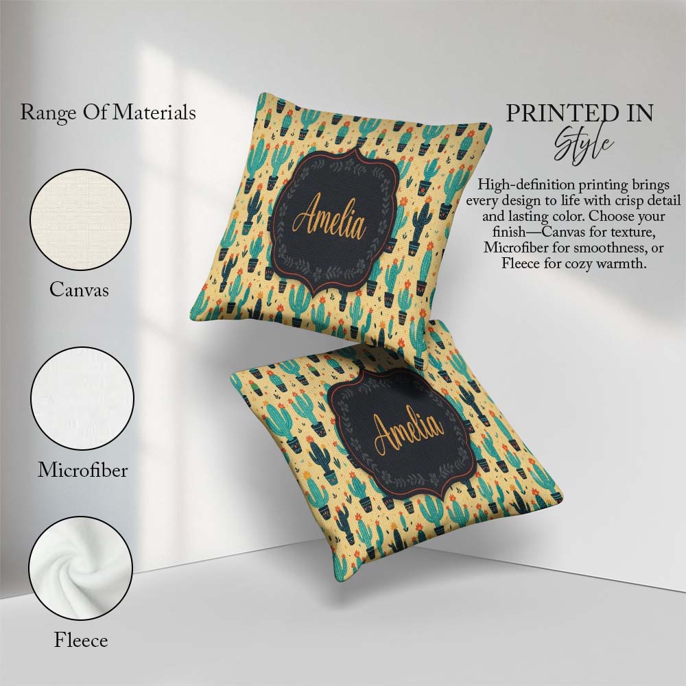 Custom Name Stylised Green Cactus Plants Orange Flowers Seamless Square Filled Cushion Throw Pillow Sofa Bed Home Decor Zip Washable UK Made