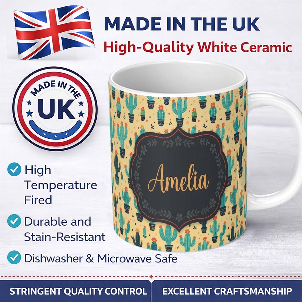 Personalized Custom Name Stylised Green Cactus Plants with Orange Flowers Seamless Pattern 11oz Ceramic Coffee Tea Mug White Large Handle