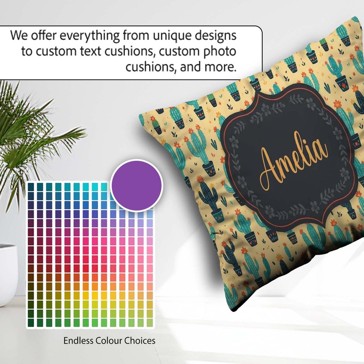 Custom Name Stylised Green Cactus Plants Orange Flowers Seamless Square Filled Cushion Throw Pillow Sofa Bed Home Decor Zip Washable UK Made