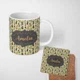 Personalized Custom Name Whimsical Mixed Cactus and Succulent Illustration Seamless Pattern 11oz Ceramic Coffee Tea Mug White Large Handle