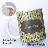 Personalized Custom Name Whimsical Mixed Cactus and Succulent Illustration Seamless Pattern 11oz Ceramic Coffee Tea Mug White Large Handle