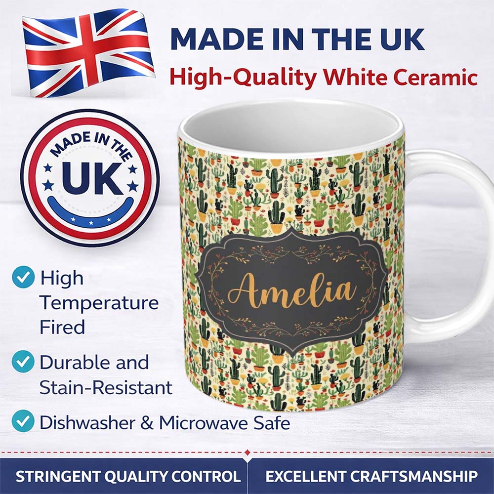 Personalized Custom Name Whimsical Mixed Cactus and Succulent Illustration Seamless Pattern 11oz Ceramic Coffee Tea Mug White Large Handle