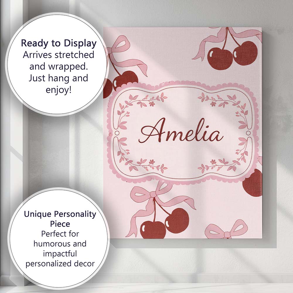 Personalised Name Cherry Bow Ribbon Cute Minimal Soft Blush Background Custom Decorative Canvas Wall Art Print Decor Picture Ready to Hang