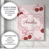 Personalised Name Cherry Bow Ribbon Cute Minimal Soft Blush Background Custom Decorative Canvas Wall Art Print Decor Picture Ready to Hang