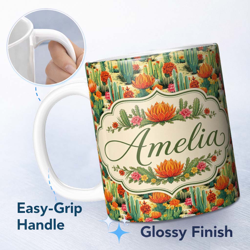 Personalized Custom Name Detailed Botanical Cactus Variety Garden Seamless Pattern Custom 11oz Ceramic Coffee Tea Mug White Large Handle