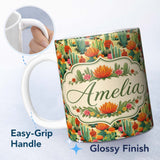 Personalized Custom Name Detailed Botanical Cactus Variety Garden Seamless Pattern Custom 11oz Ceramic Coffee Tea Mug White Large Handle