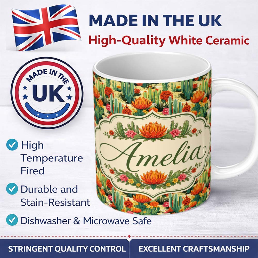 Personalized Custom Name Detailed Botanical Cactus Variety Garden Seamless Pattern Custom 11oz Ceramic Coffee Tea Mug White Large Handle
