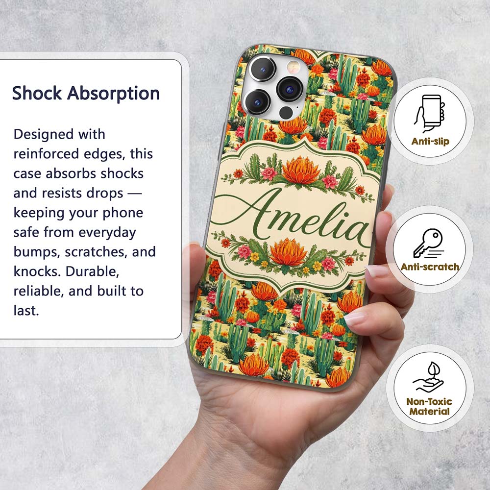 Detailed Botanical Cactus Variety Garden Seamless Custom Name Protective Phone Case Mobile Cover Durable Everyday Smartphone Shock Resistant