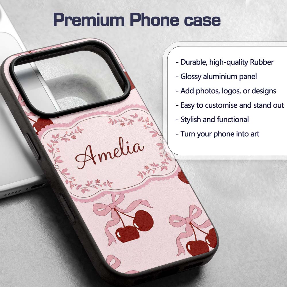 Cherry Bow Ribbon Cute Minimal Printed Design Custom Name Protective Phone Case Mobile Cover Durable Everyday Smartphone Shock Resistant