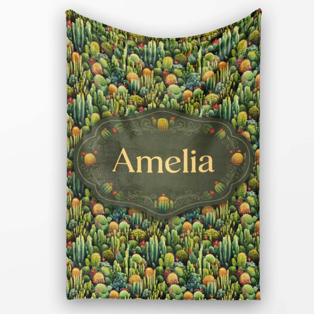 Dense Green Cactus Jungle with Small Flowers Seamless Pattern Name  Personalised Custom Name Super Soft Fleece Blanket Bed Sofa Throw