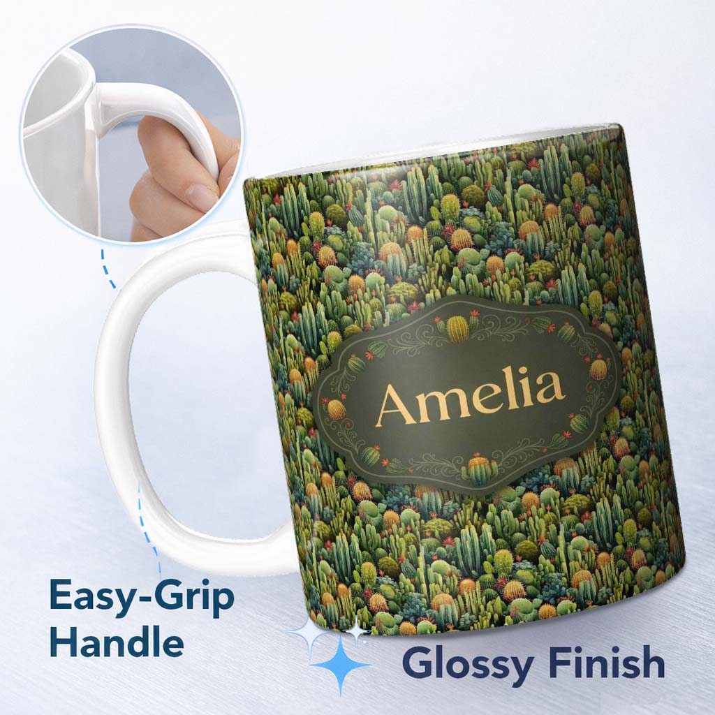Personalized Custom Name Dense Green Cactus Jungle with Small Flowers Seamless Pattern Name 11oz Ceramic Coffee Tea Mug White Large Handle
