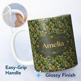 Personalized Custom Name Dense Green Cactus Jungle with Small Flowers Seamless Pattern Name 11oz Ceramic Coffee Tea Mug White Large Handle