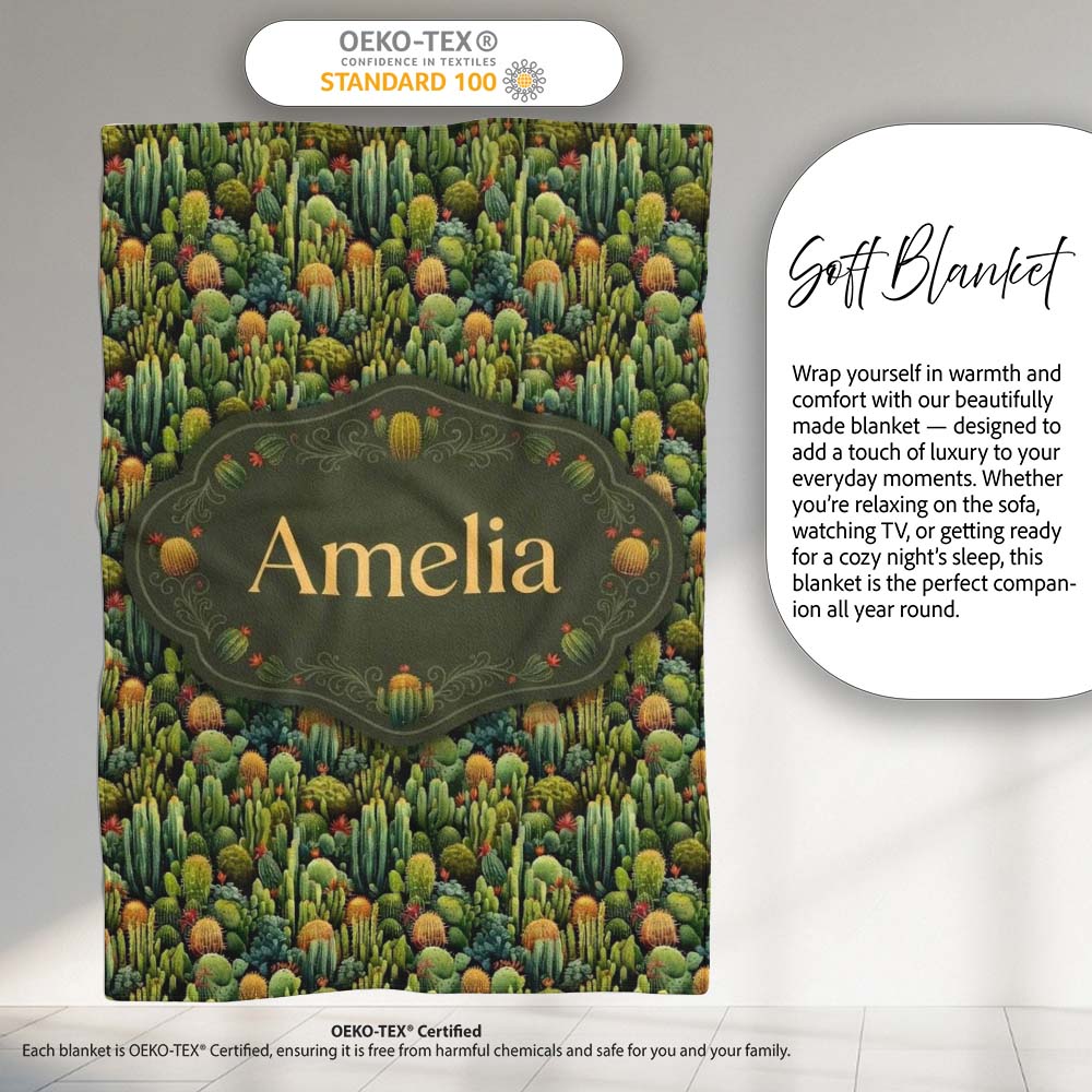 Dense Green Cactus Jungle with Small Flowers Seamless Pattern Name  Personalised Custom Name Super Soft Fleece Blanket Bed Sofa Throw