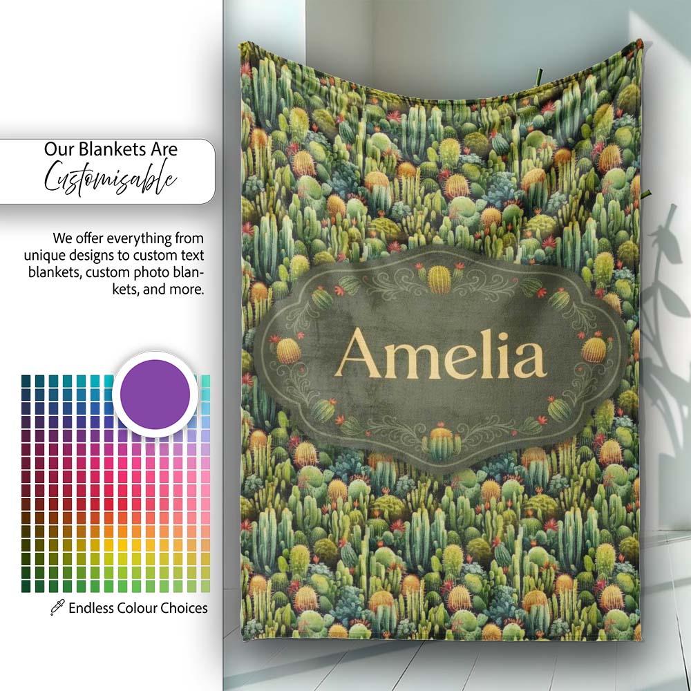 Dense Green Cactus Jungle with Small Flowers Seamless Pattern Name  Personalised Custom Name Super Soft Fleece Blanket Bed Sofa Throw