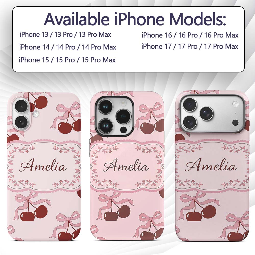 Cherry Bow Ribbon Cute Minimal Printed Design Custom Name Protective Phone Case Mobile Cover Durable Everyday Smartphone Shock Resistant
