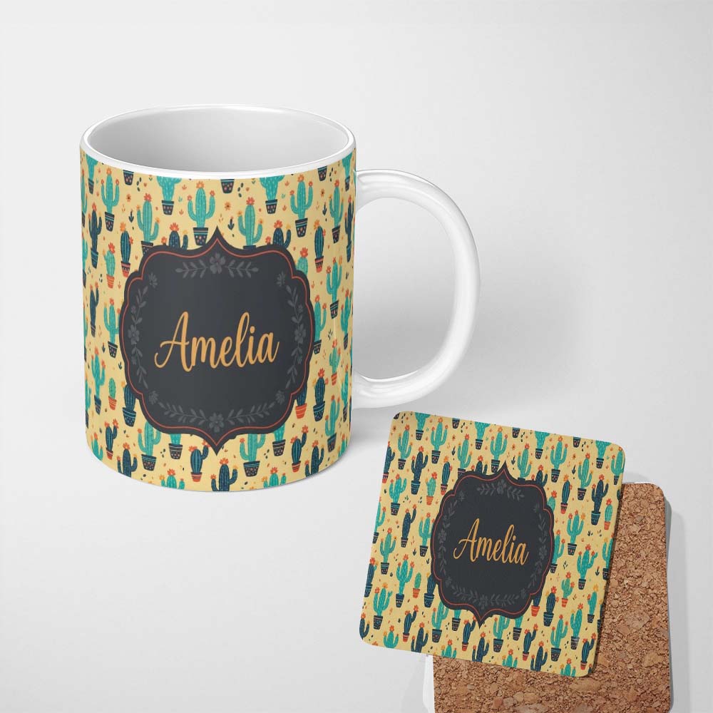 Personalized Custom Name Cute Desert Cactus and Wild Plants Illustration Seamless Pattern 11oz Ceramic Coffee Tea Mug White Large Handle