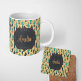 Personalized Custom Name Cute Desert Cactus and Wild Plants Illustration Seamless Pattern 11oz Ceramic Coffee Tea Mug White Large Handle