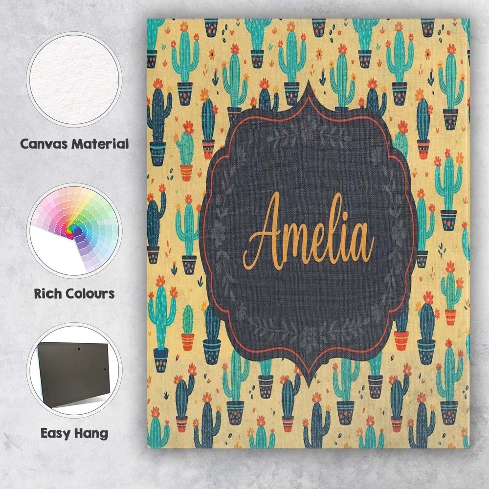 Personalised Name Cute Desert Cactus and Custom  Unique Gift Idea Elegant Feature Canvas Wall Art Print Decor Picture Ready to Hang