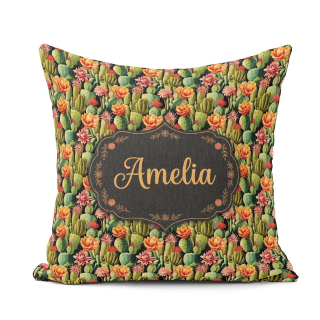 Custom Name Vibrant Blooming Cactus Garden with Flowers Seamless Square Filled Cushion Throw Pillow Sofa Bed Home Decor Zip Washable UK Made