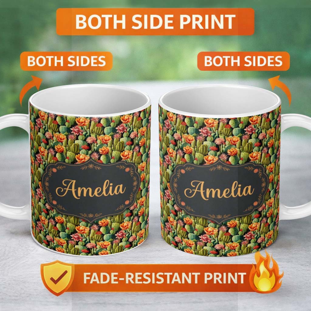 Personalized Custom Name Vibrant Blooming Cactus Garden with Orange Flowers Seamless Pattern 11oz Ceramic Coffee Tea Mug White Large Handle