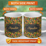 Personalized Custom Name Vibrant Blooming Cactus Garden with Orange Flowers Seamless Pattern 11oz Ceramic Coffee Tea Mug White Large Handle