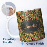 Personalized Custom Name Vibrant Blooming Cactus Garden with Orange Flowers Seamless Pattern 11oz Ceramic Coffee Tea Mug White Large Handle