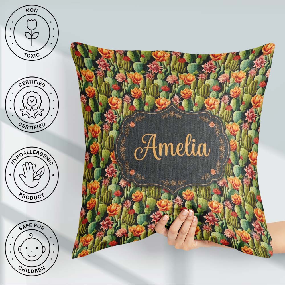 Custom Name Vibrant Blooming Cactus Garden with Flowers Seamless Square Filled Cushion Throw Pillow Sofa Bed Home Decor Zip Washable UK Made
